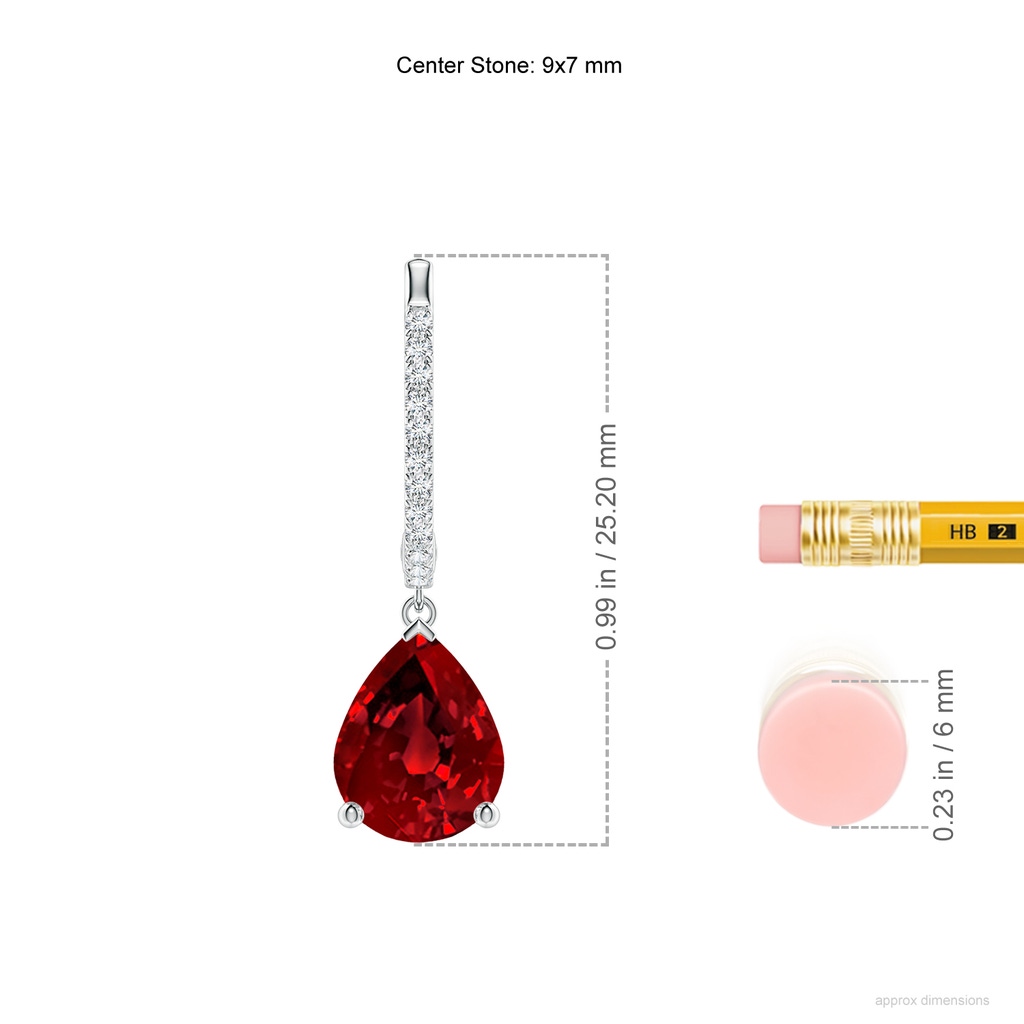 9x7mm Labgrown Lab-Grown Pear Ruby Hoop Drop Earrings with Lab Diamonds in White Gold ruler