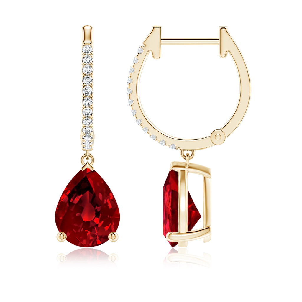 9x7mm Labgrown Lab-Grown Pear Ruby Hoop Drop Earrings with Lab Diamonds in Yellow Gold