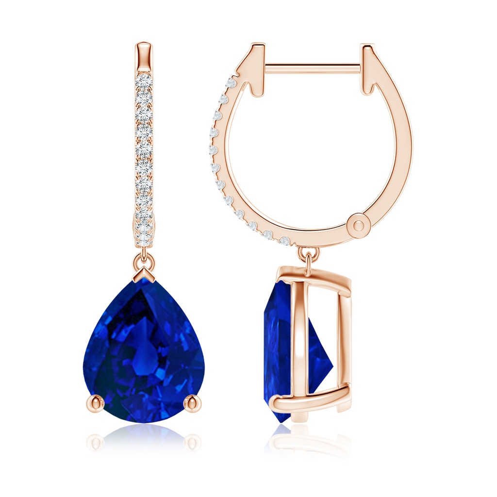 10x8mm Labgrown Lab-Grown Pear Blue Sapphire Hoop Drop Earrings with Lab Diamonds in Rose Gold