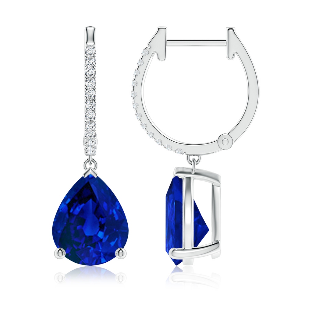 10x8mm Labgrown Lab-Grown Pear Blue Sapphire Hoop Drop Earrings with Lab Diamonds in White Gold