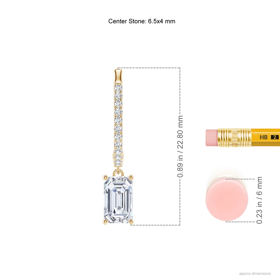 6.5x4mm FGVS Emerald-Cut Lab-Grown Diamond Hoop Drop Earrings with Accents in Yellow Gold ruler