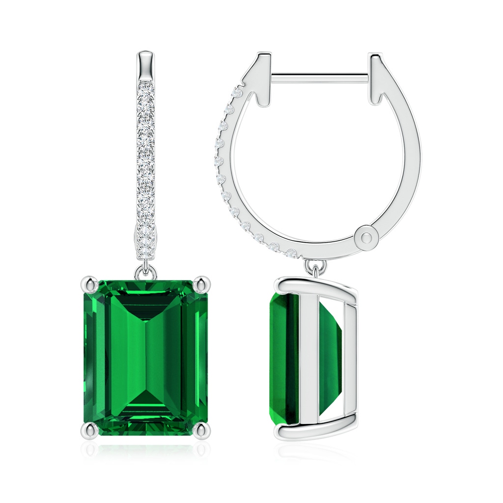 10x8mm Labgrown Emerald-Cut Lab-Grown Emerald Hoop Drop Earrings with Diamonds in P950 Platinum