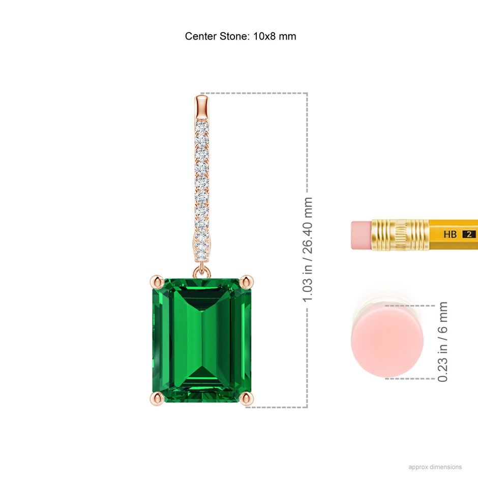 10x8mm Labgrown Emerald-Cut Lab-Grown Emerald Hoop Drop Earrings with Diamonds in Rose Gold ruler