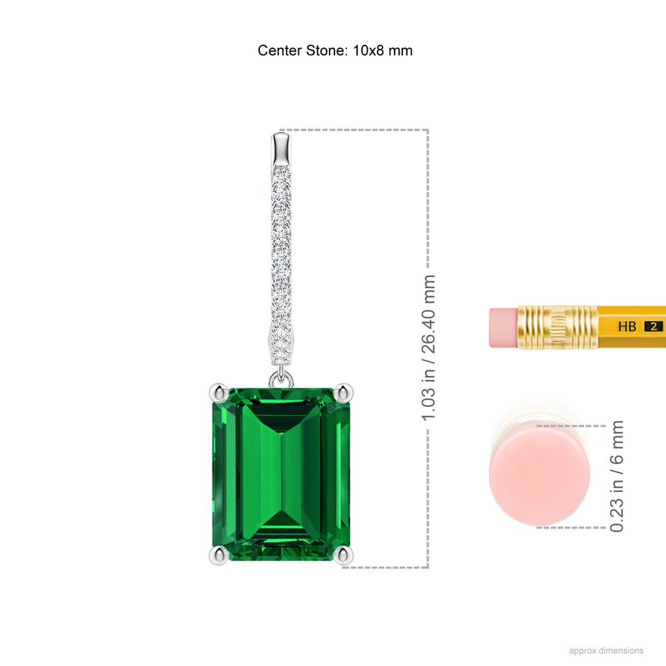 10x8mm Labgrown Emerald-Cut Lab-Grown Emerald Hoop Drop Earrings with Diamonds in White Gold ruler