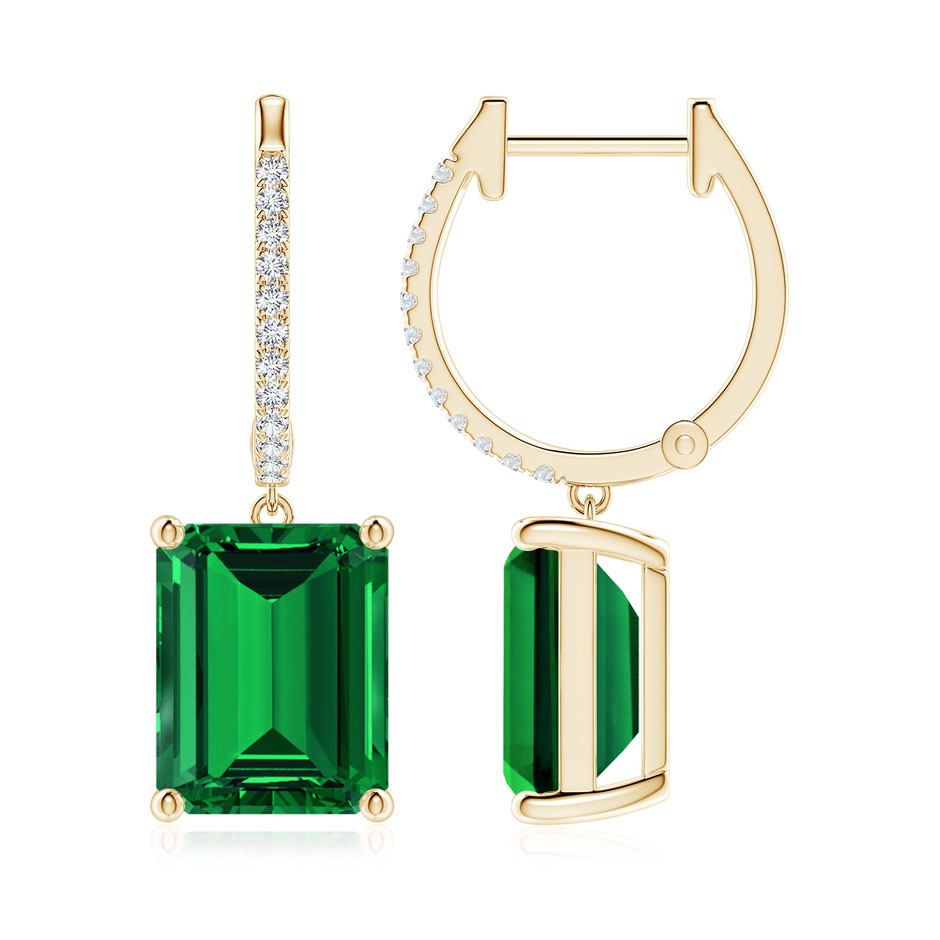 10x8mm Labgrown Emerald-Cut Lab-Grown Emerald Hoop Drop Earrings with Diamonds in Yellow Gold 