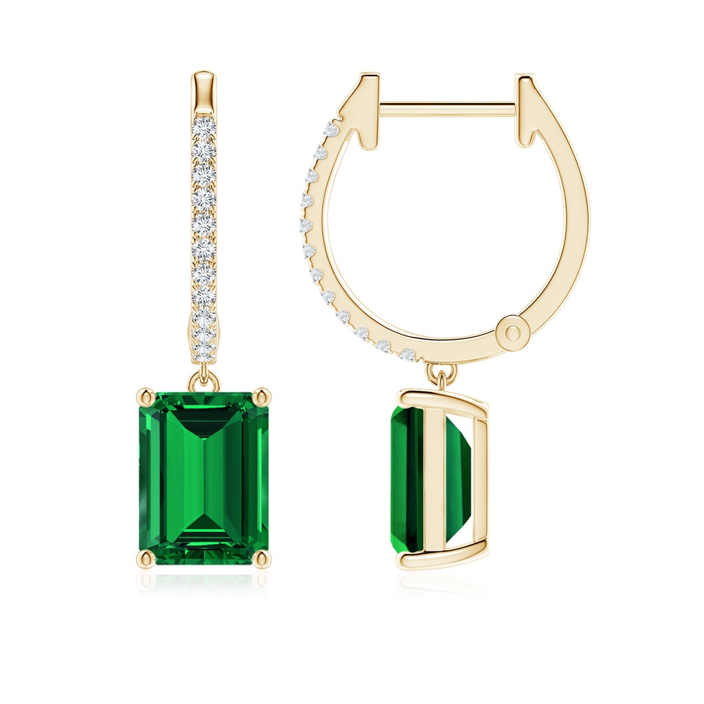 8x6mm Labgrown Lab-Grown Emerald-Cut Emerald Hoop Drop Earrings with Lab Diamonds in Yellow Gold