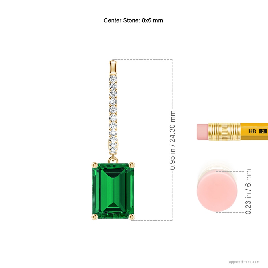 8x6mm Labgrown Emerald-Cut Lab-Grown Emerald Hoop Drop Earrings with Diamonds in Yellow Gold ruler