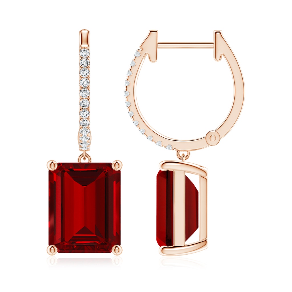 10x8mm Labgrown Lab-Grown Emerald-Cut Ruby Hoop Drop Earrings with Lab Diamonds in Rose Gold