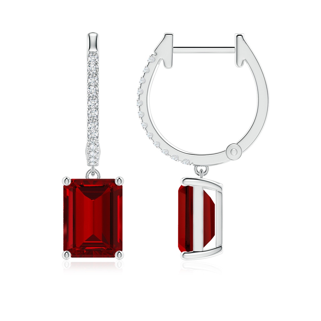 8x6mm Labgrown Lab-Grown Emerald-Cut Ruby Hoop Drop Earrings with Lab Diamonds in White Gold