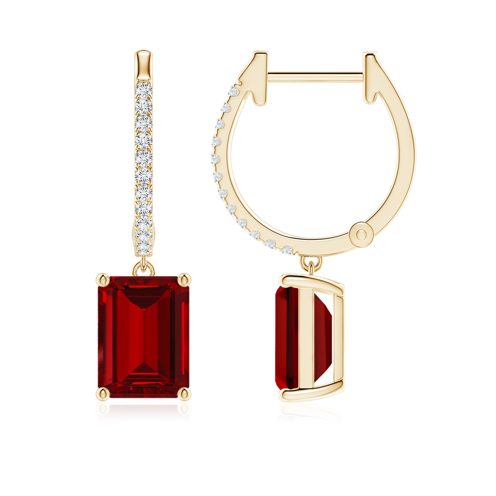 8x6mm Labgrown Lab-Grown Emerald-Cut Ruby Hoop Drop Earrings with Lab Diamonds in Yellow Gold