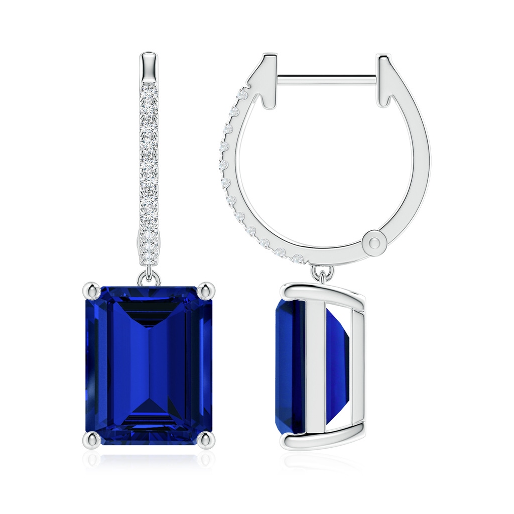 10x8mm Labgrown Lab-Grown Emerald-Cut Blue Sapphire Hoop Drop Earrings with Lab Diamonds in White Gold