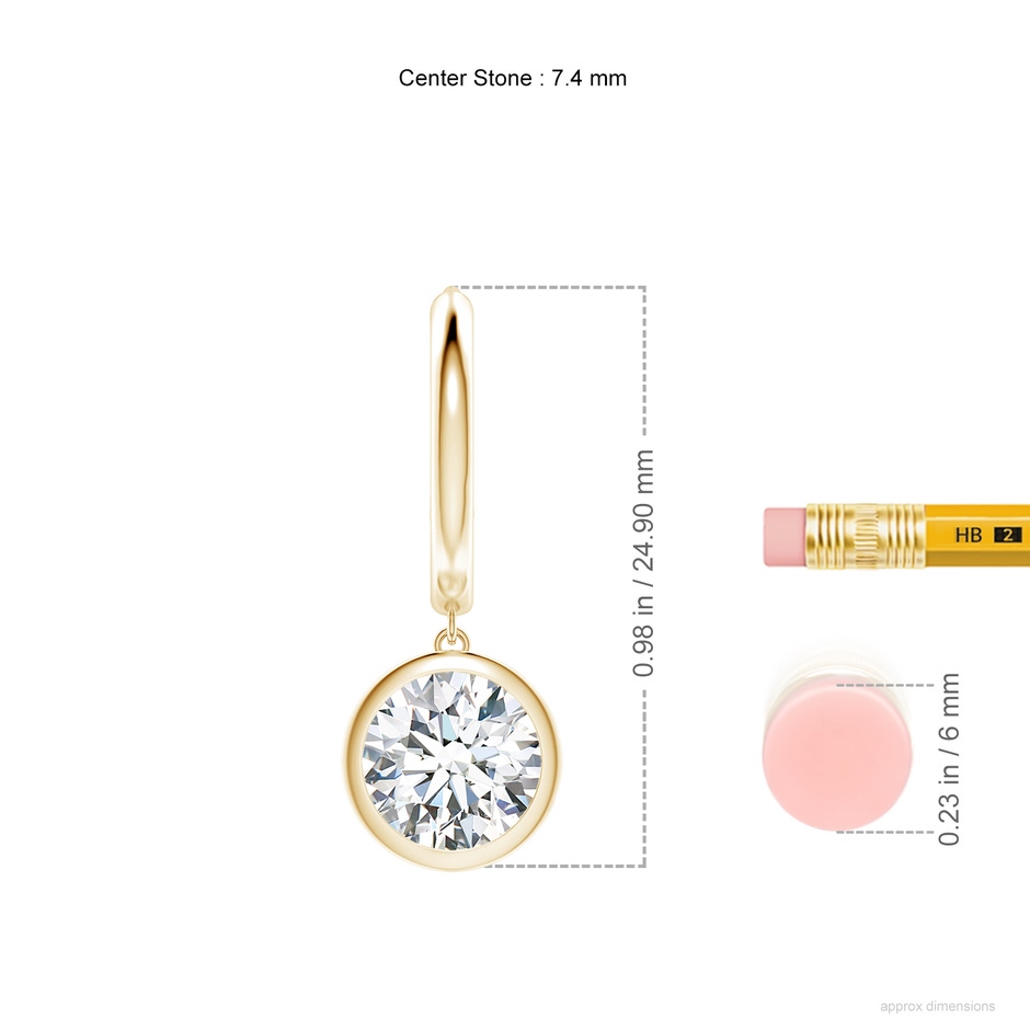 7.4mm FGVS Round Lab-Grown Diamond Hoop Drop Earrings in Yellow Gold ruler