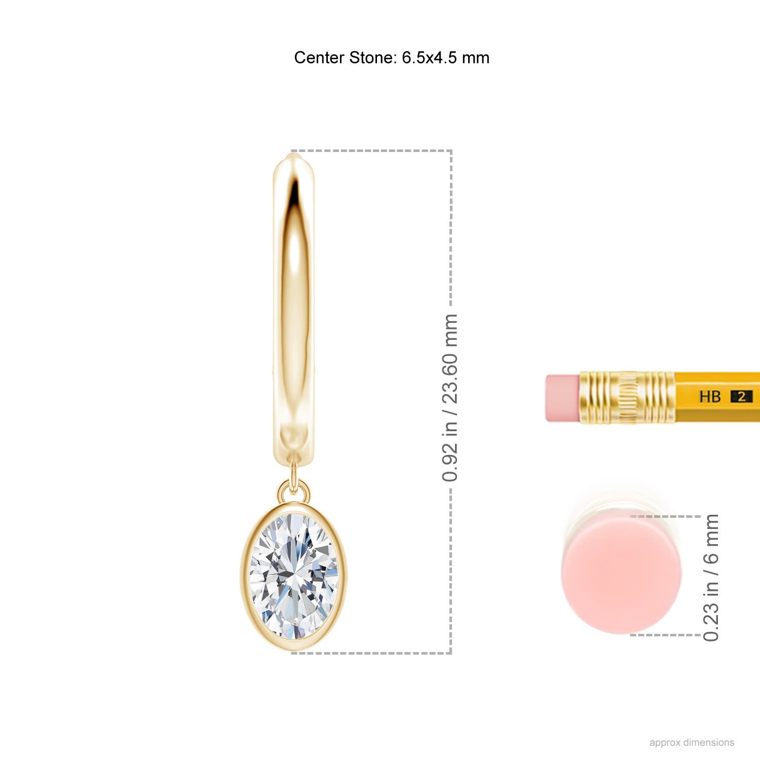 6.5x4.5mm FGVS Oval Lab-Grown Diamond Hoop Drop Earrings in Yellow Gold - ruler