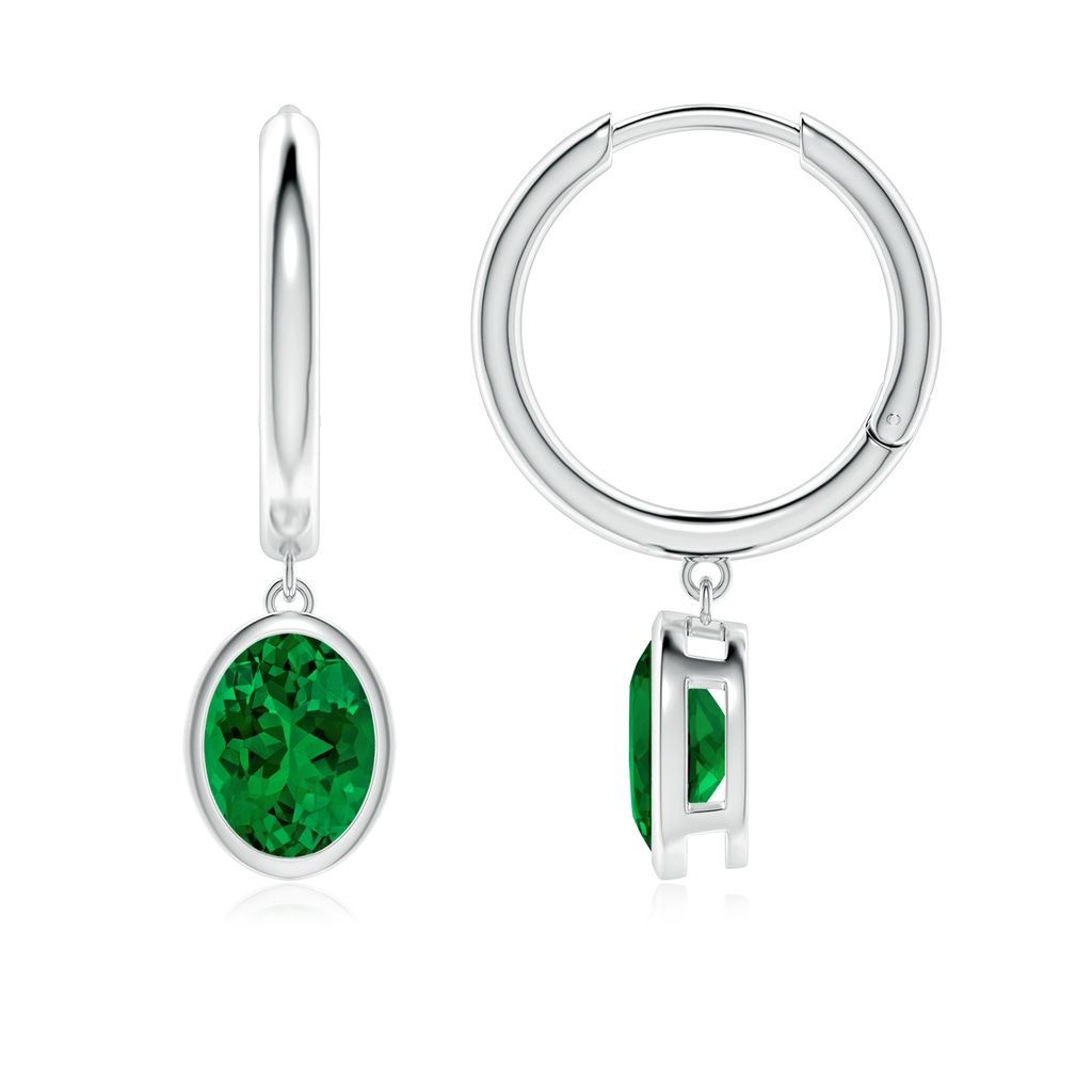 8x6mm Labgrown Lab-Grown Oval Emerald Hoop Drop Earrings in White Gold