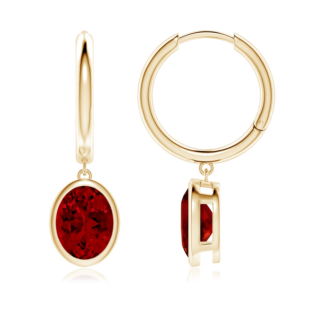 9x7mm Labgrown Lab-Grown Oval Ruby Hoop Drop Earrings in Yellow Gold