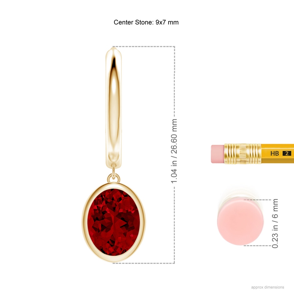 9x7mm Labgrown Lab-Grown Oval Ruby Hoop Drop Earrings in Yellow Gold ruler