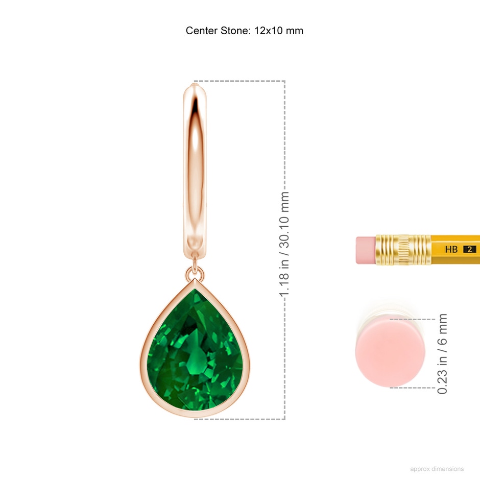 12x10mm Labgrown Pear-Shaped Lab-Grown Emerald Hoop Drop Earrings in Rose Gold ruler