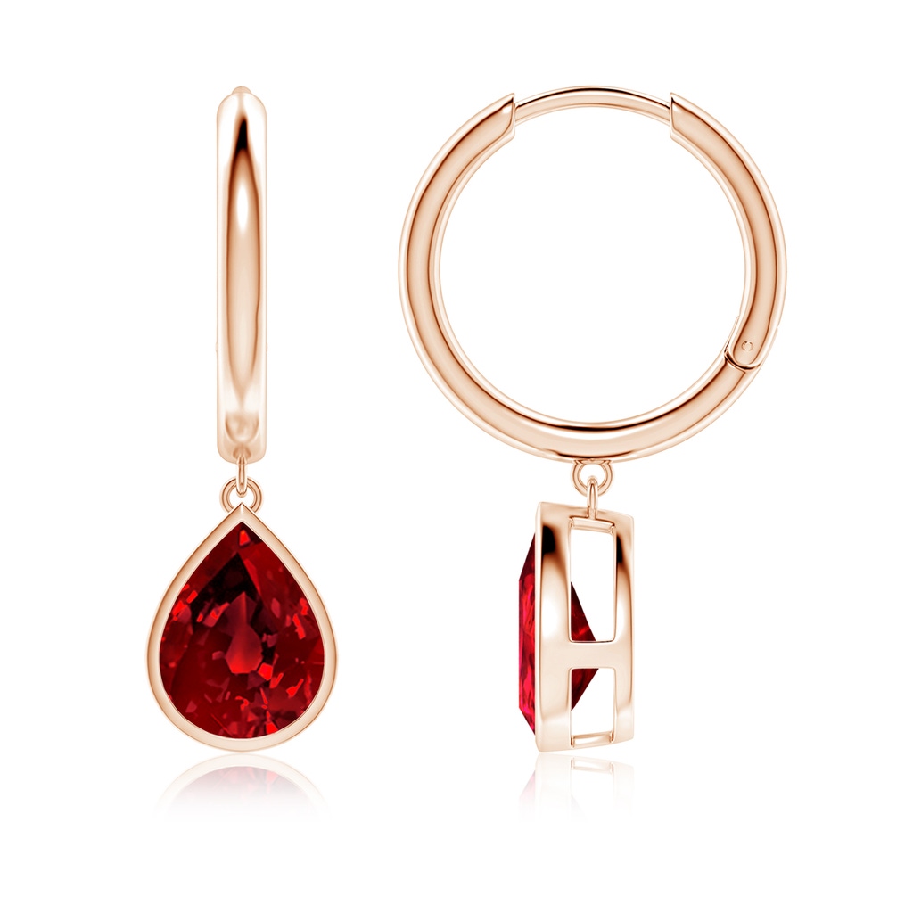 10x8mm Labgrown Lab-Grown Pear-Shaped Ruby Hoop Drop Earrings in Rose Gold