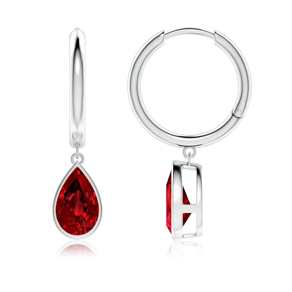 9x7mm Labgrown Lab-Grown Pear-Shaped Ruby Hoop Drop Earrings in White Gold 