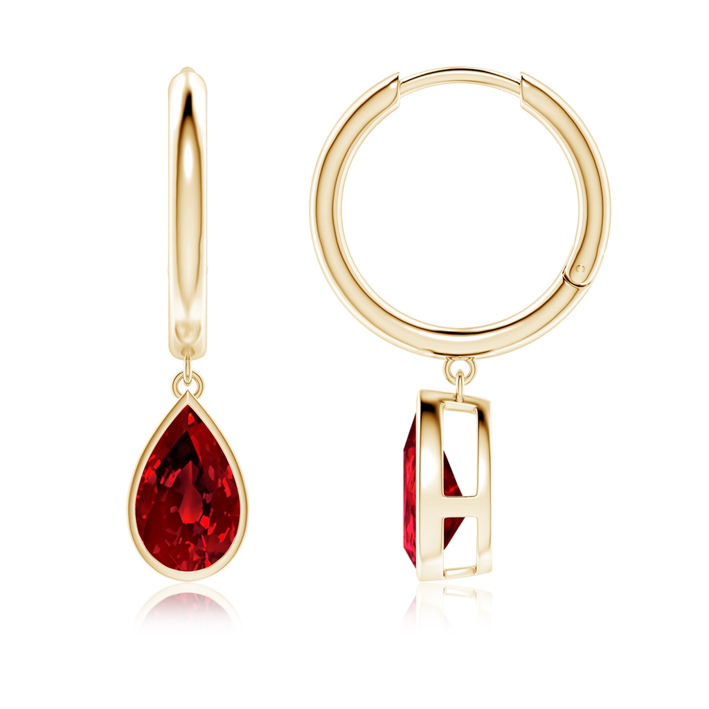 9x7mm Labgrown Lab-Grown Pear-Shaped Ruby Hoop Drop Earrings in Yellow Gold