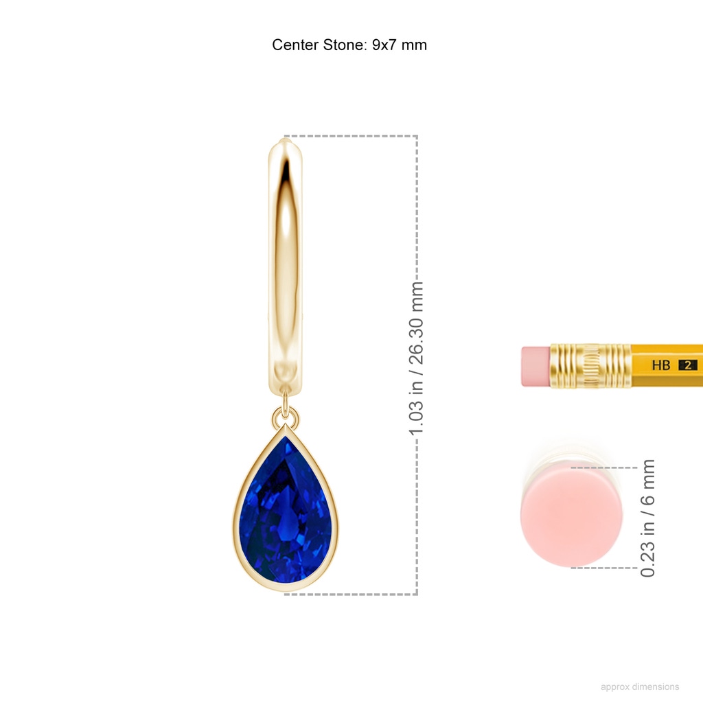 9x7mm Labgrown Lab-Grown Pear-Shaped Blue Sapphire Hoop Drop Earrings in Yellow Gold ruler