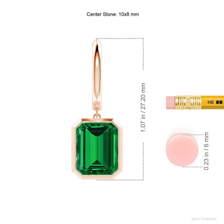 10x8mm Labgrown Emerald-Cut Lab-Grown Emerald Hoop Drop Earrings in 18K Rose Gold ruler