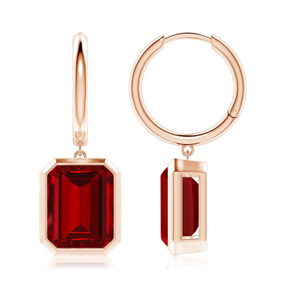 10x8mm Labgrown Lab-Grown Emerald-Cut Ruby Hoop Drop Earrings in Rose Gold