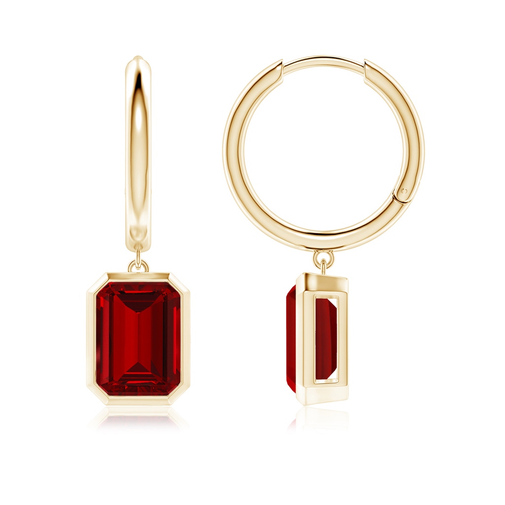 8x6mm Labgrown Lab-Grown Emerald-Cut Ruby Hoop Drop Earrings in Yellow Gold