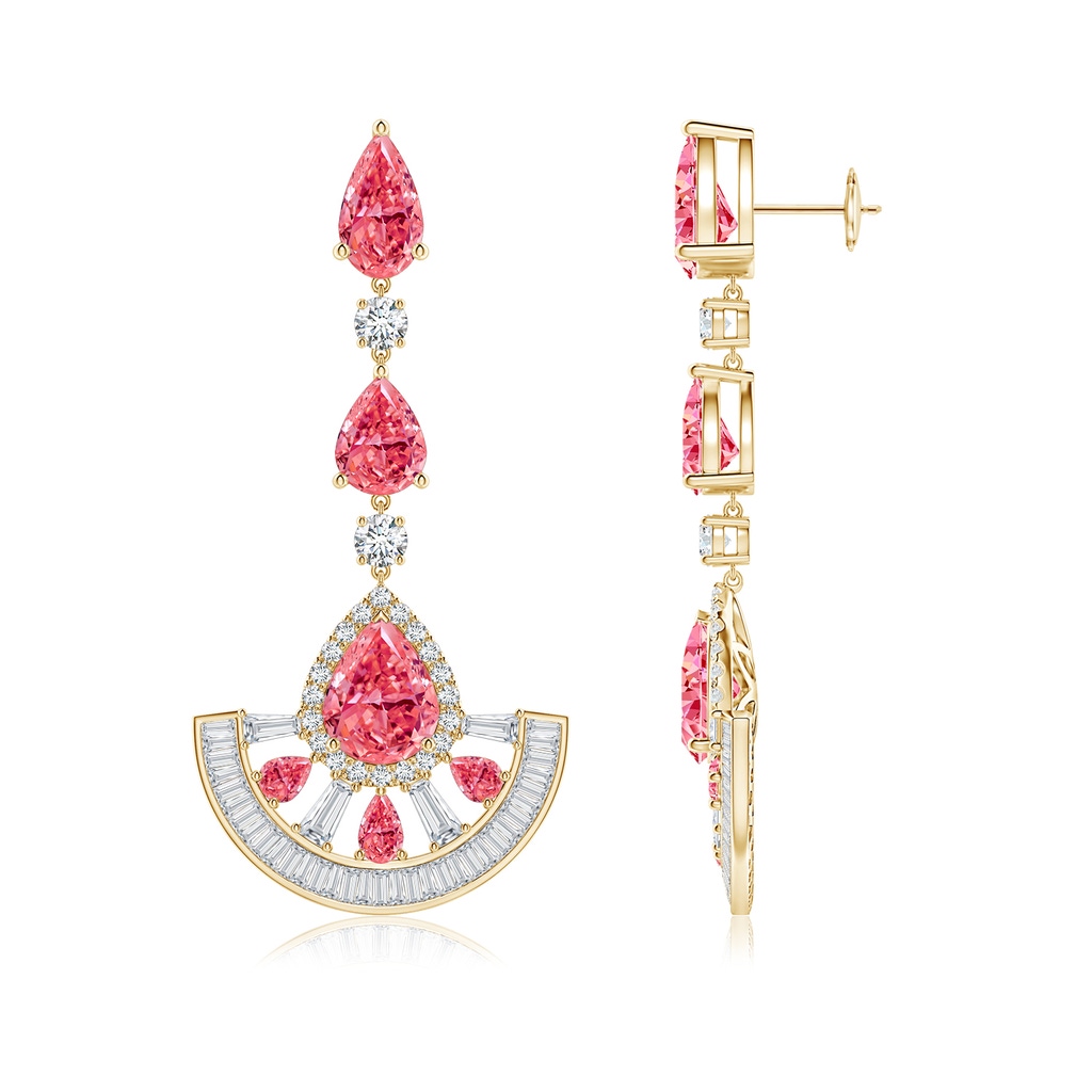 10x8mm Labgrown Aurora Art Deco Style Pear Lab-Grown Fancy Intense Pink Diamond Halo Dangle Earrings in 18K Yellow Gold - side 199