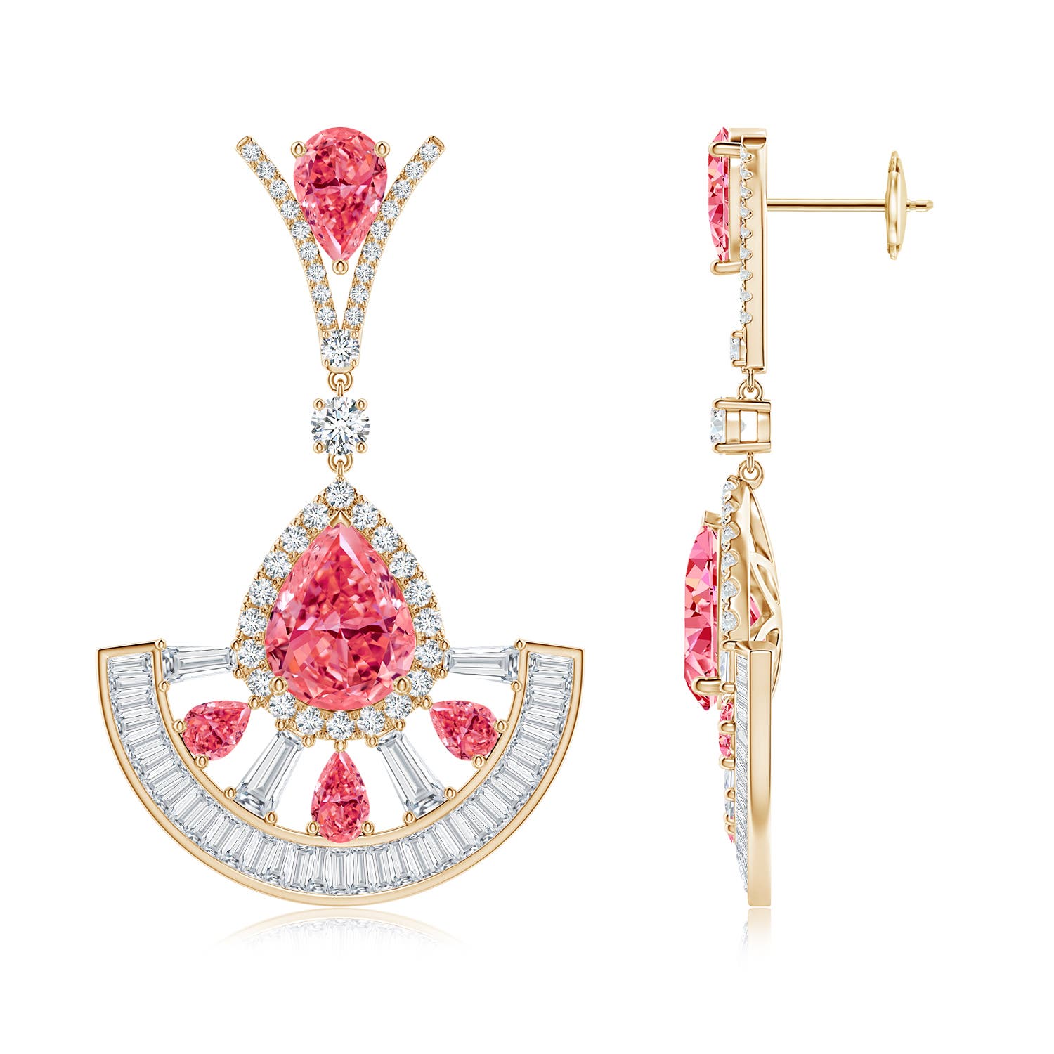 10x8mm Labgrown Aurora Pear Lab-Grown Fancy Intense Pink Diamond Spilt-V Motif Halo Dangle Earrings in 18K Yellow Gold - side 2