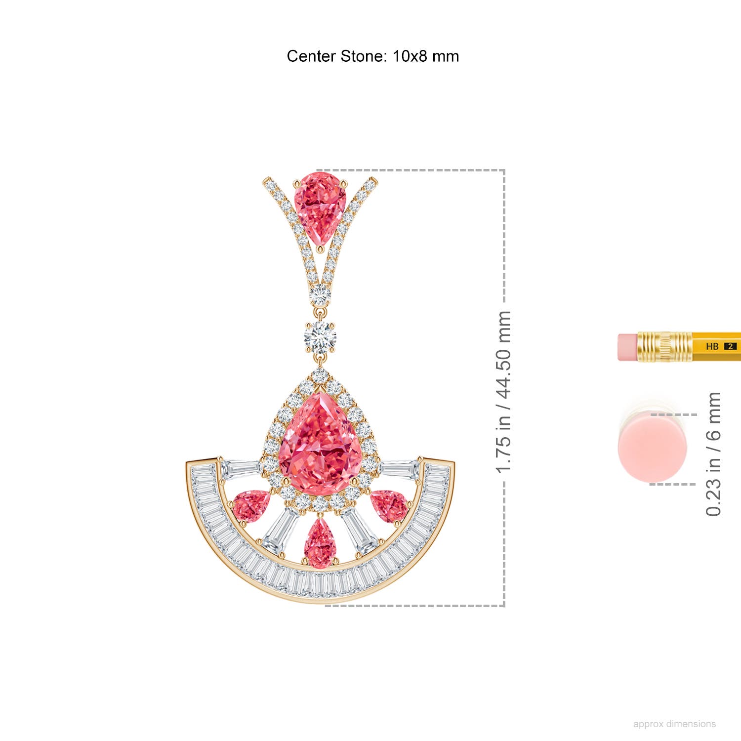10x8mm Labgrown Aurora Pear Lab-Grown Fancy Intense Pink Diamond Spilt-V Motif Halo Dangle Earrings in 18K Yellow Gold - ruler