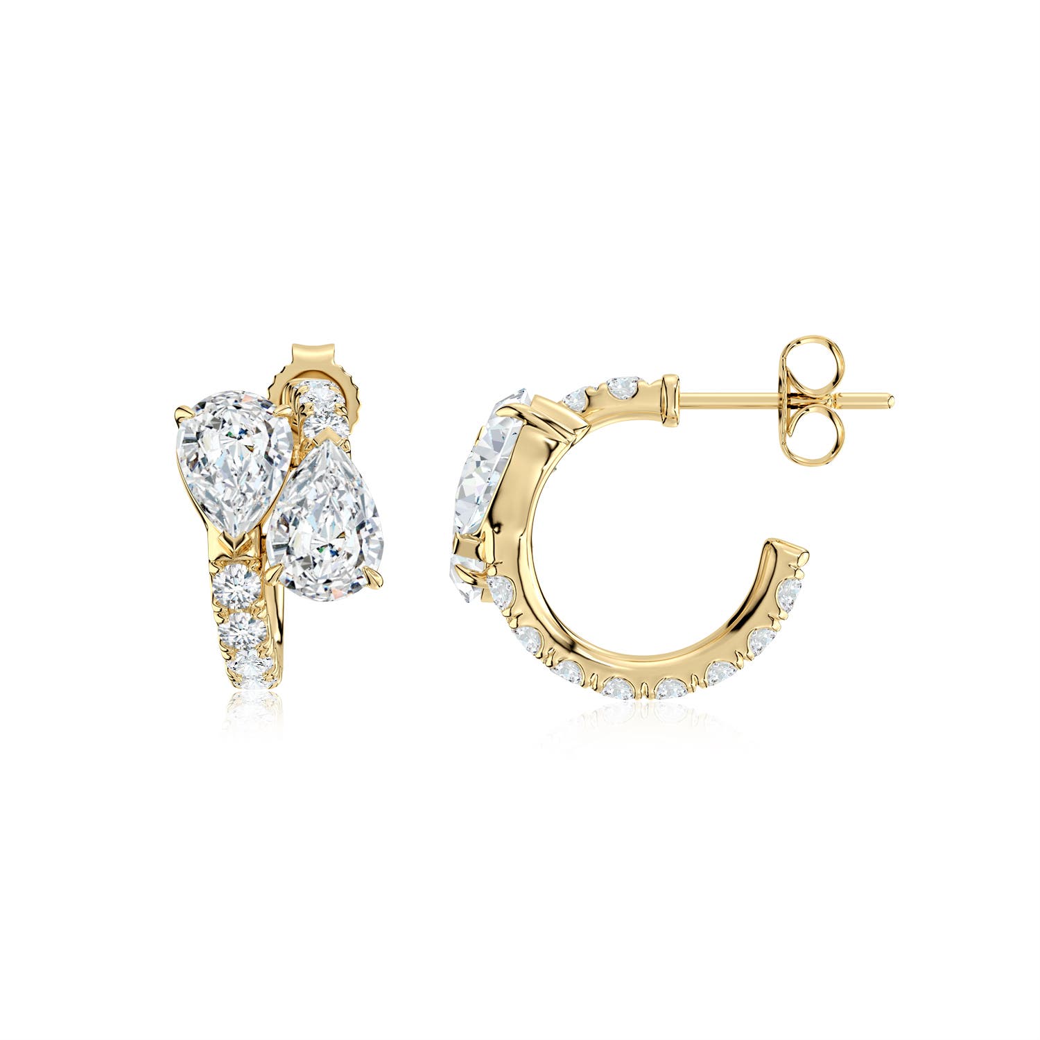 7x5mm FGVS Two-Stone Pear Lab-Grown Diamond Bypass Hoop Earrings in Yellow Gold
