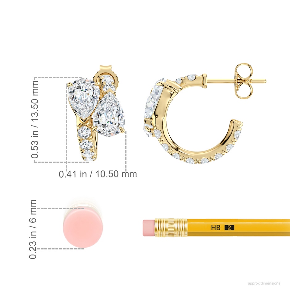 7x5mm FGVS Two-Stone Pear Lab-Grown Diamond Bypass Hoop Earrings in Yellow Gold ruler