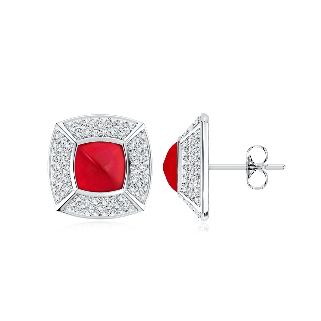 6mm Labgrown Bezel-Set Cushion Lab-Grown Ruby Pyramid Halo Stud Earrings in White Gold