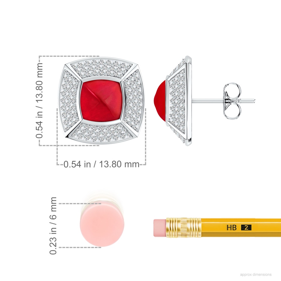 6mm Labgrown Bezel-Set Cushion Lab-Grown Ruby Pyramid Halo Stud Earrings in White Gold ruler