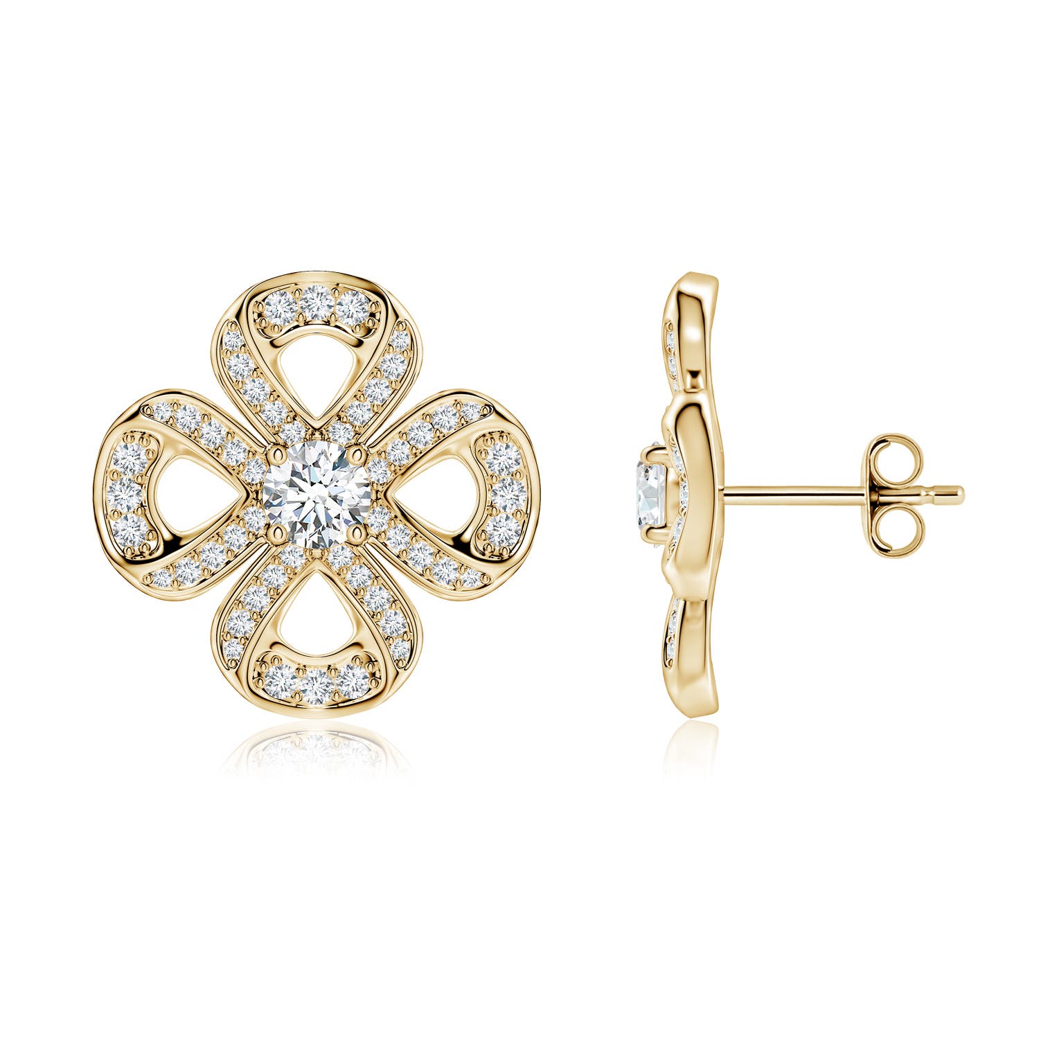 4.1mm FGVS Round Lab-Grown Diamond Four Leaf Clover Stud Earrings in 18K Yellow Gold