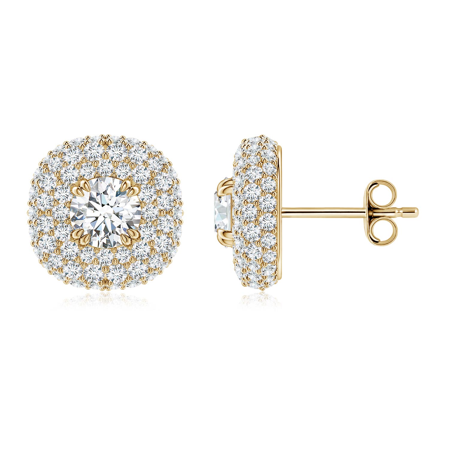 4.7mm FGVS Lab-Grown Diamond Cushion Halo Stud Earrings in 18K Yellow Gold