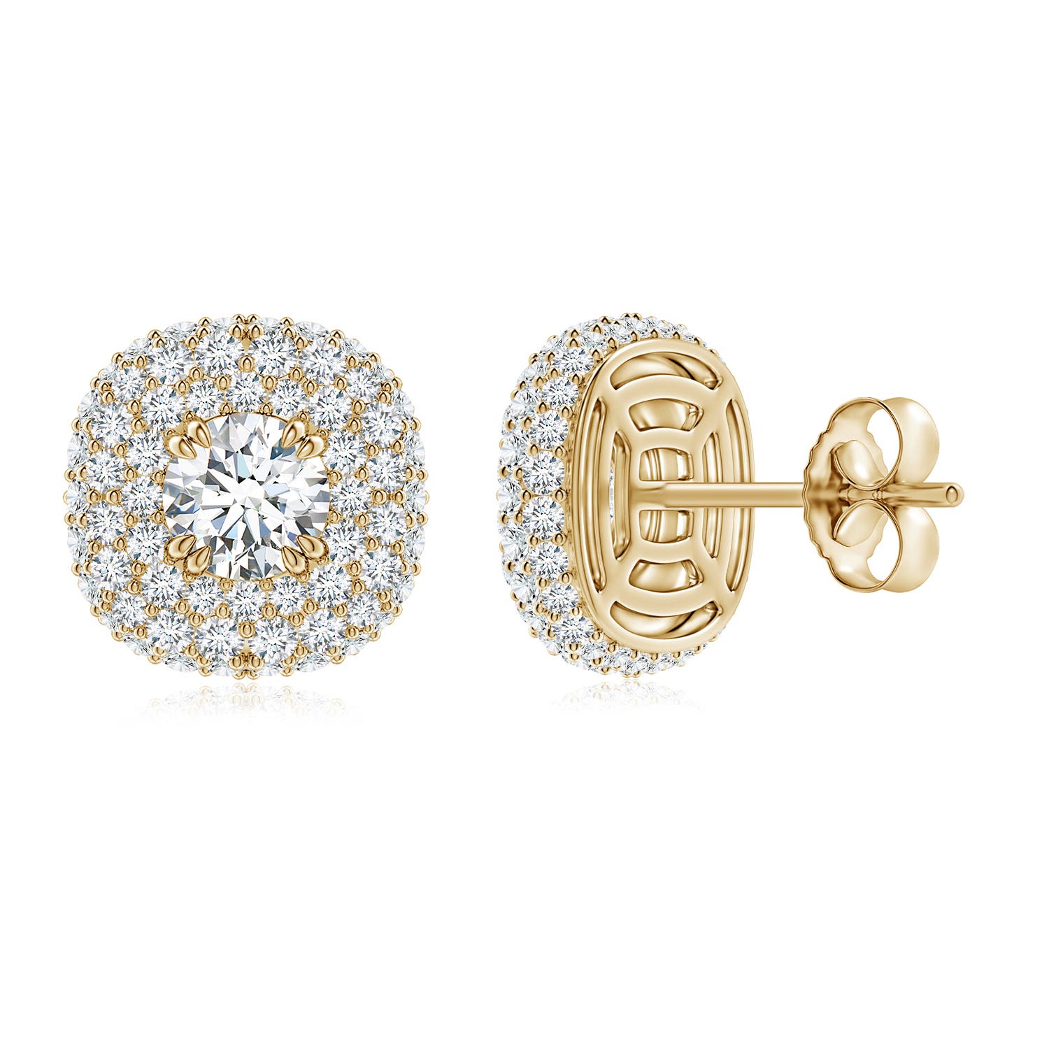 4.7mm FGVS Lab-Grown Diamond Cushion Halo Stud Earrings in 18K Yellow Gold