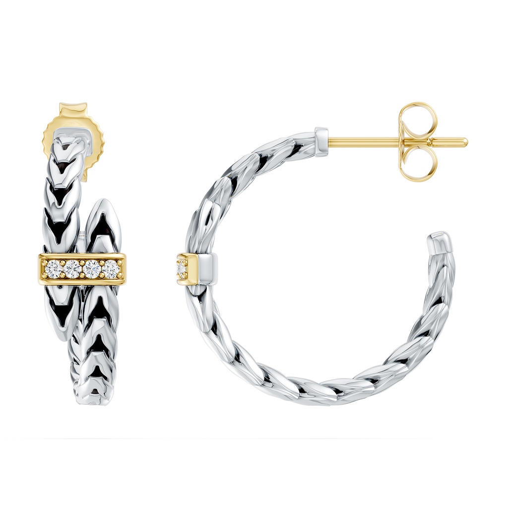 1.2mm FGVS Oxidized Sterling Silver and 18K Yellow Gold Lab-Grown Diamond Bypass Hoop Earrings in  Sterling Silver & 18K Yellow Gold