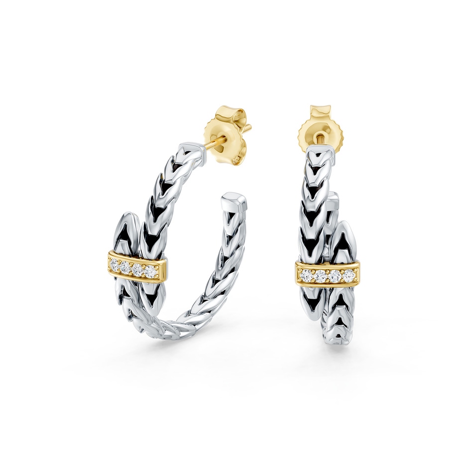 1.2mm FGVS Oxidized Sterling Silver and 18K Yellow Gold Lab-Grown Diamond Bypass Hoop Earrings in  Sterling Silver & 18K Yellow Gold side 199