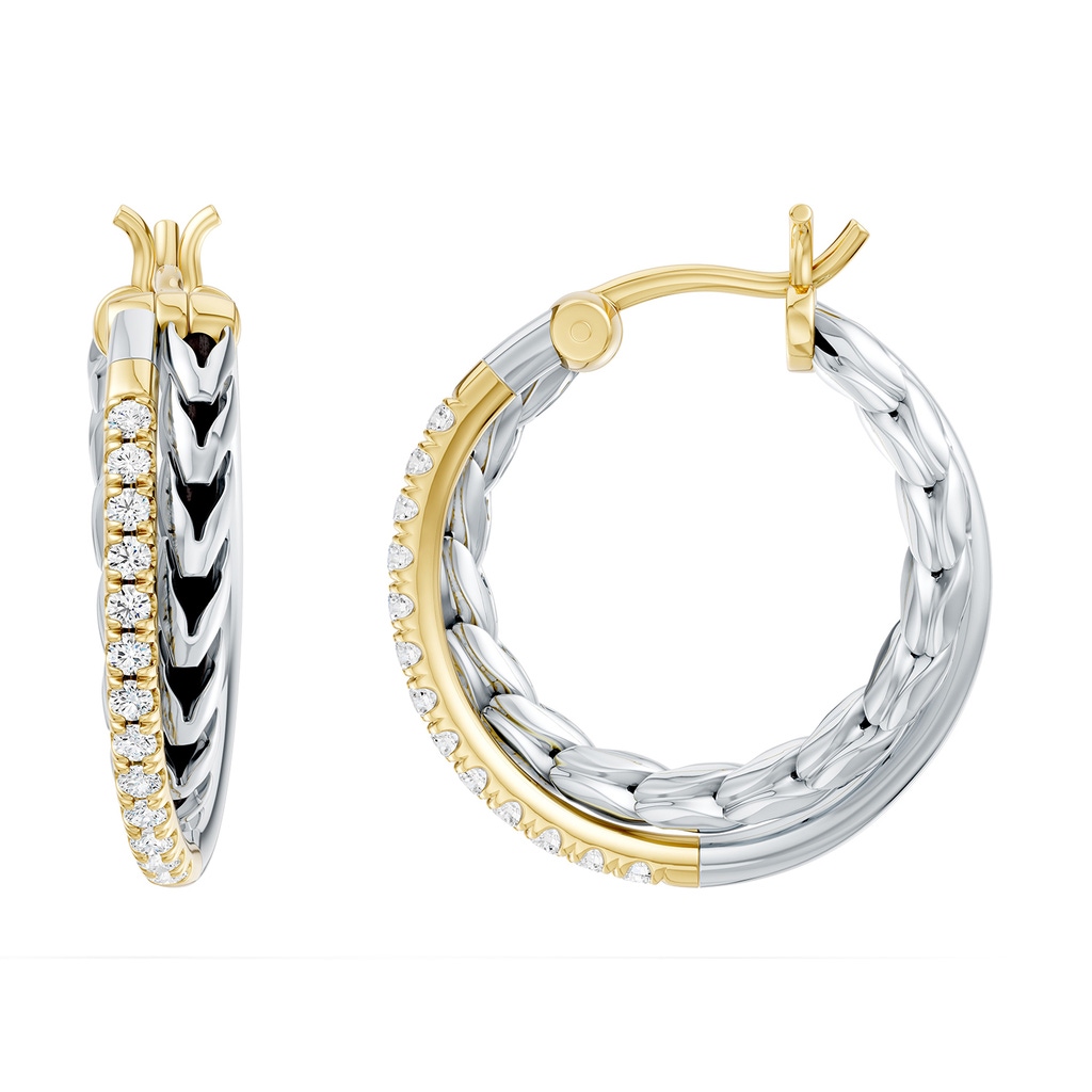 1.3mm FGVS Oxidized Sterling Silver and 18K Yellow Gold Lab-Grown Diamond Crossover Hoop Earrings in  Sterling Silver & 18K Yellow Gold