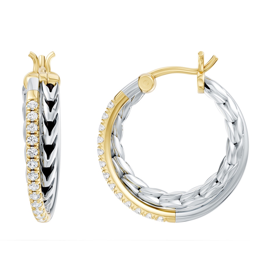 1.3mm FGVS Oxidized Sterling Silver and 18K Yellow Gold Lab-Grown Diamond Crossover Hoop Earrings in  Sterling Silver & 18K Yellow Gold 