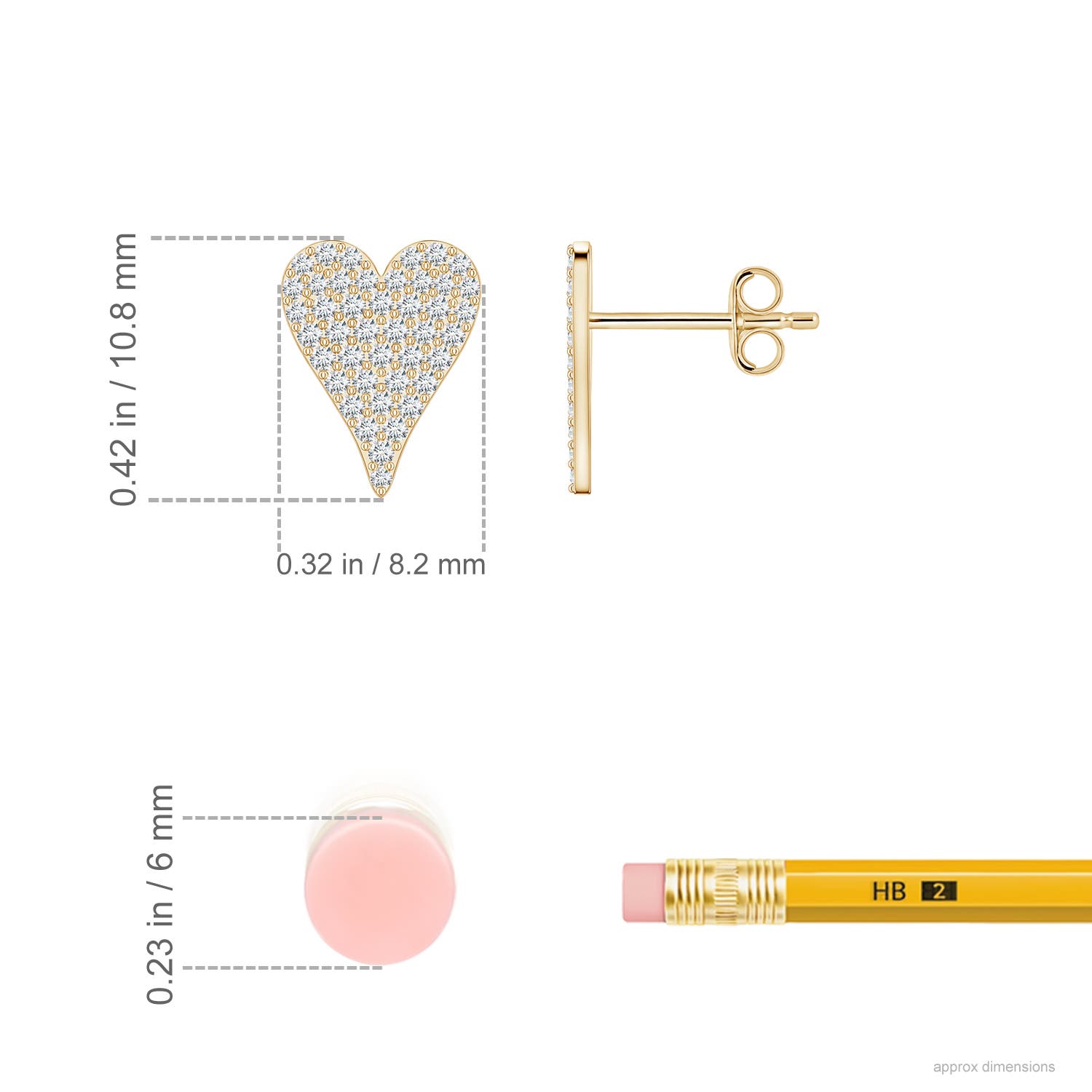 0.9mm FGVS Pavé Lab-Grown Diamond Elongated Heart Stud Earrings in Yellow Gold - ruler