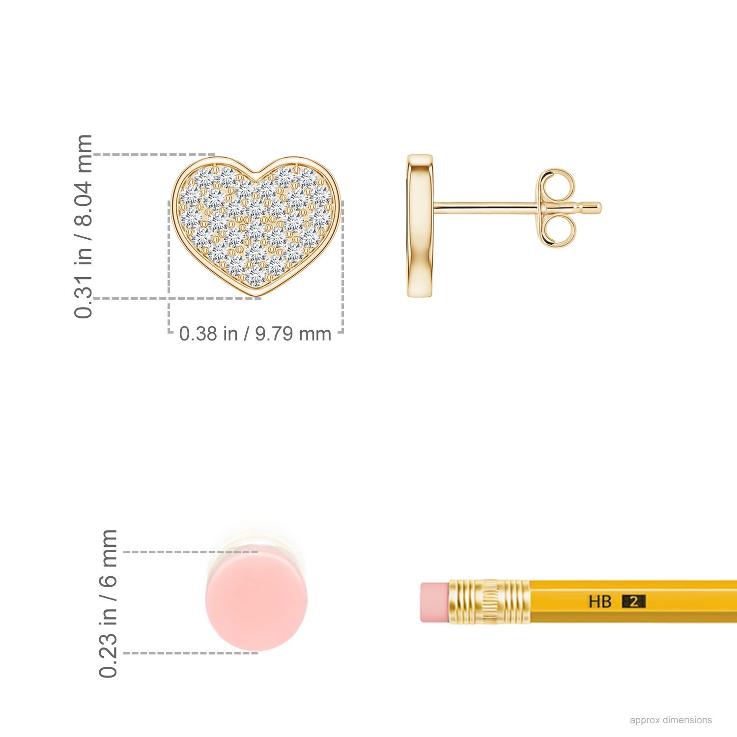 1.1mm FGVS Pavé Lab-Grown Diamond Heart Stud Earrings in Yellow Gold - ruler