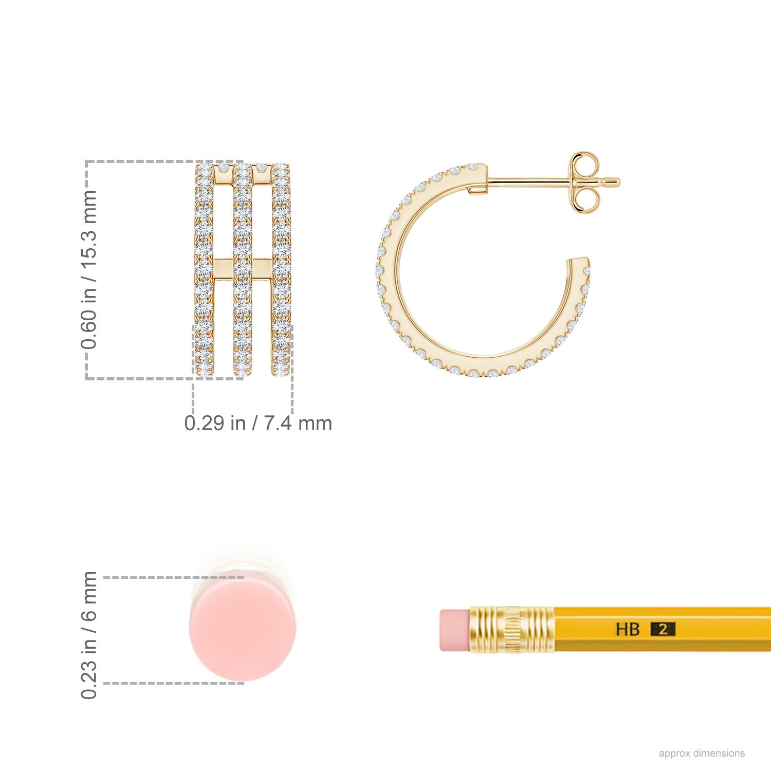 1.2mm FGVS U-Pavé Lab-Grown Diamond Triple-Row Open Hoop Earrings in Yellow Gold - ruler