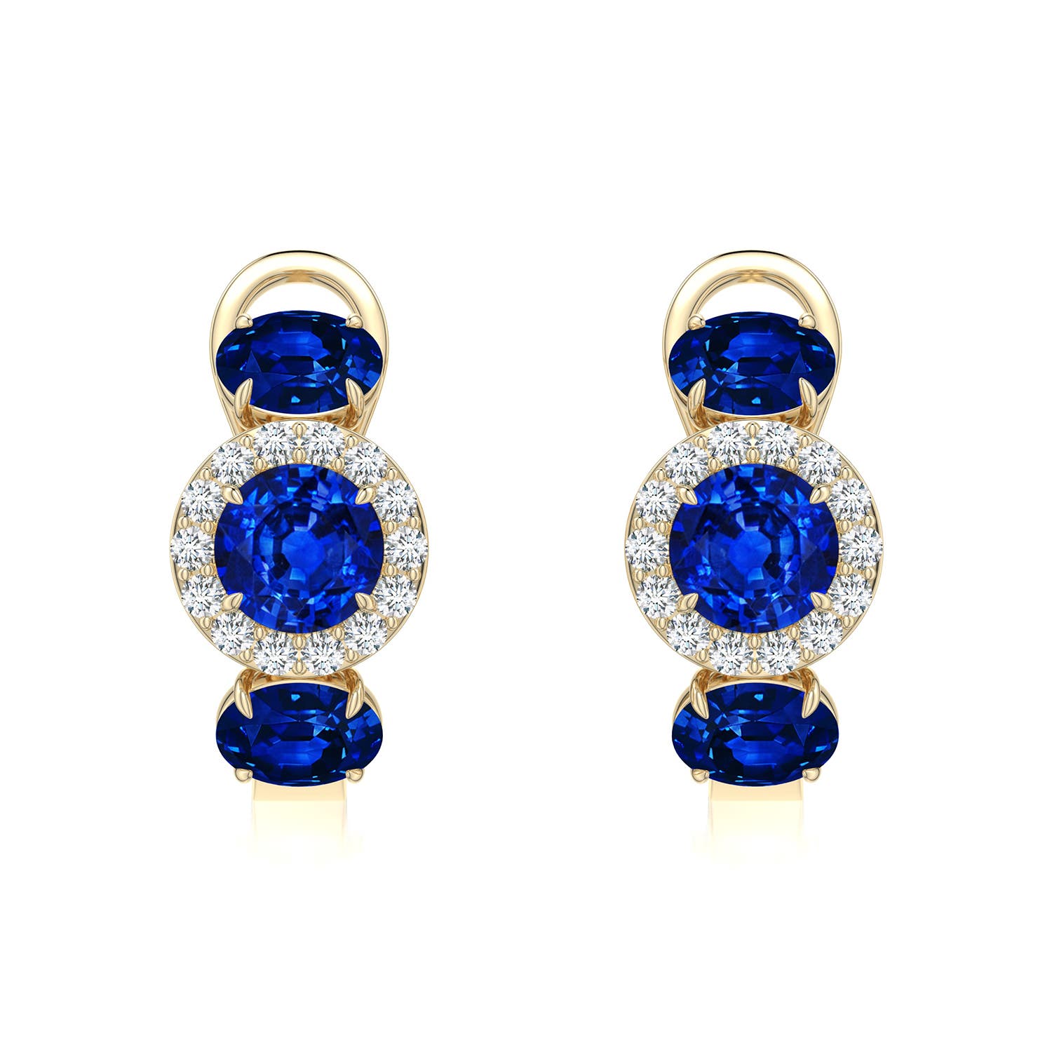 5mm Labgrown Claw Prong Round Lab-Grown Blue Sapphire Halo Earrings in Yellow Gold