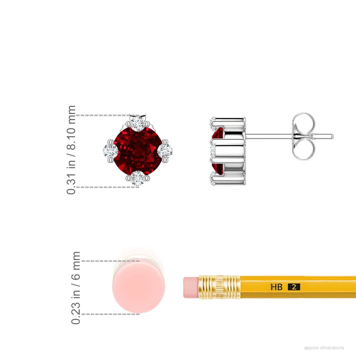 6mm Labgrown Round Lab-Grown Ruby Stud Earrings with Accents in White Gold - ruler