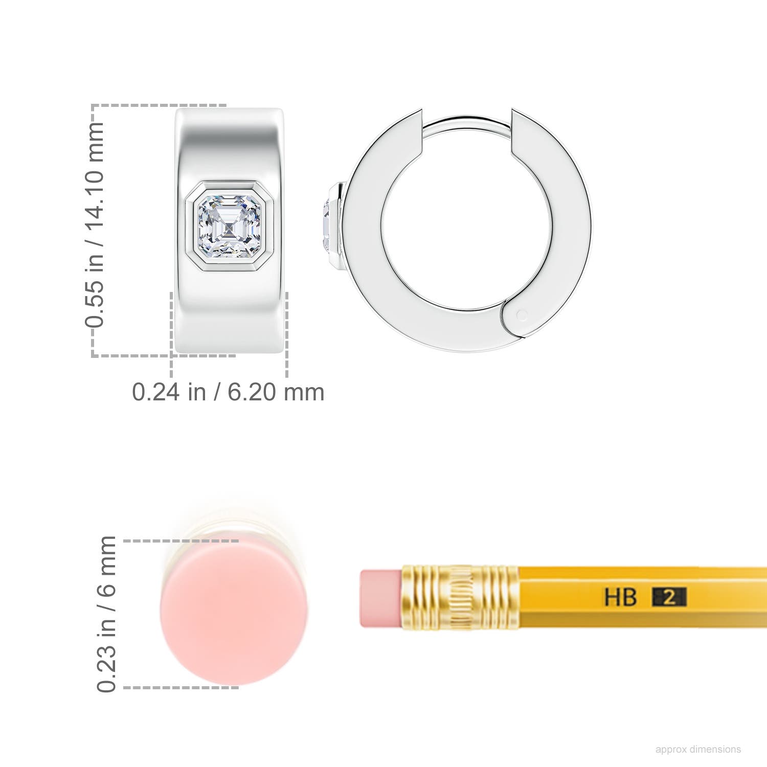 3.5mm FGVS Asscher-Cut Lab-Grown Diamond Men's Octagon Huggie Hoop Earrings in S999 Silver - ruler