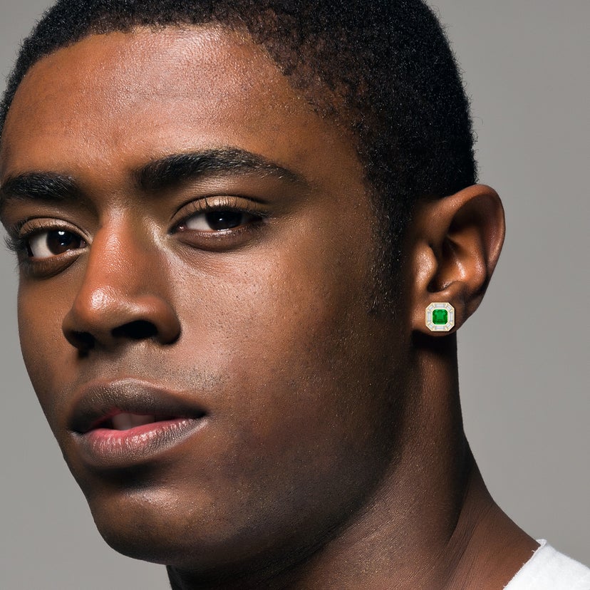 Square Emerald-Cut Lab-Grown Emerald Men's Stud Earring