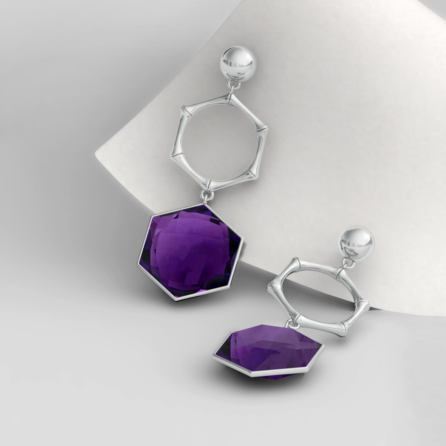 15mm AAA Natori x Angara Amethyst Hexagon Stone Earrings in White Gold - lifestyle 3